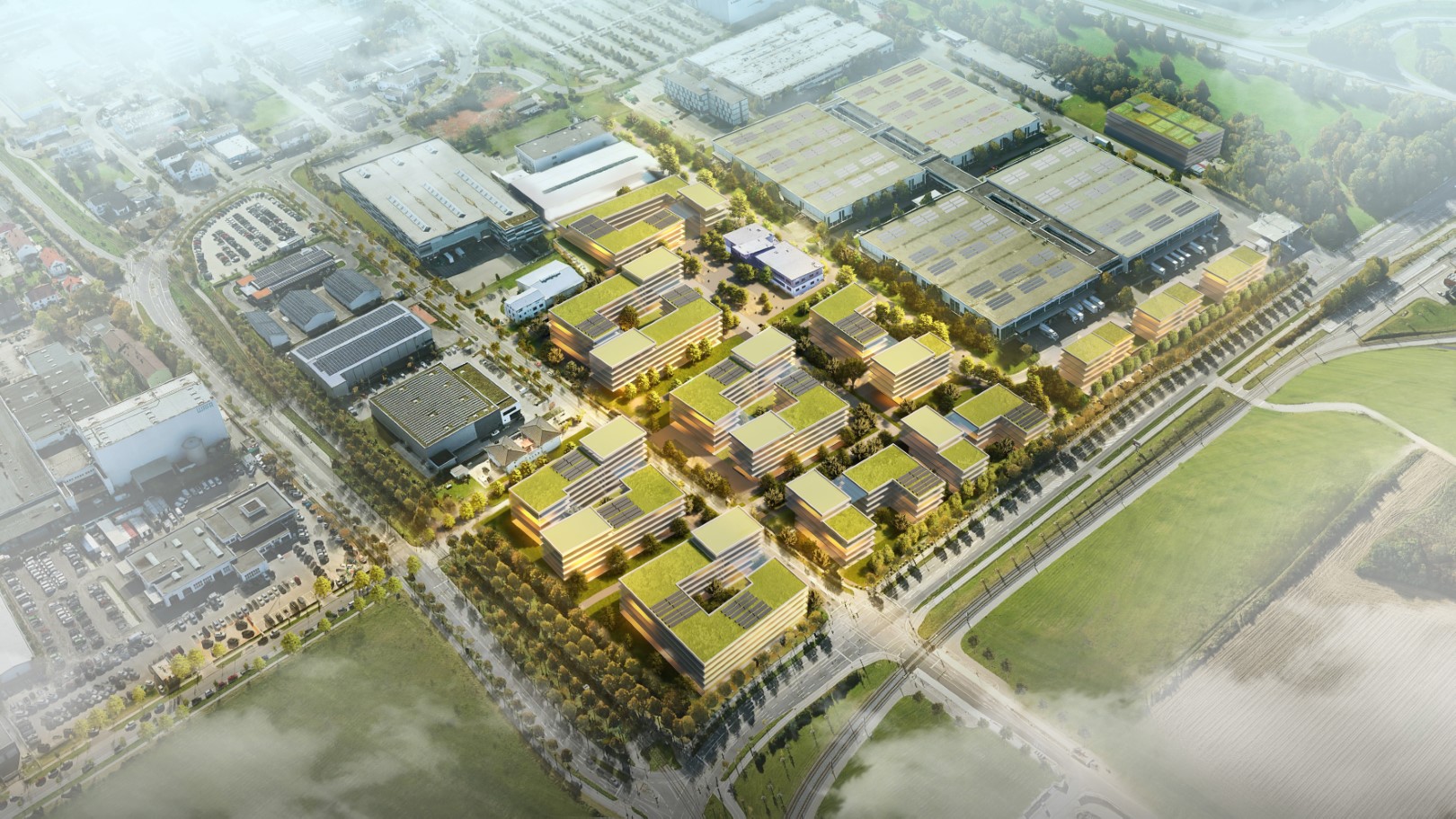 Zukunftsvision WALTER Technology Campus Augsburg (erweiterte Bebauung und Solarflächen)