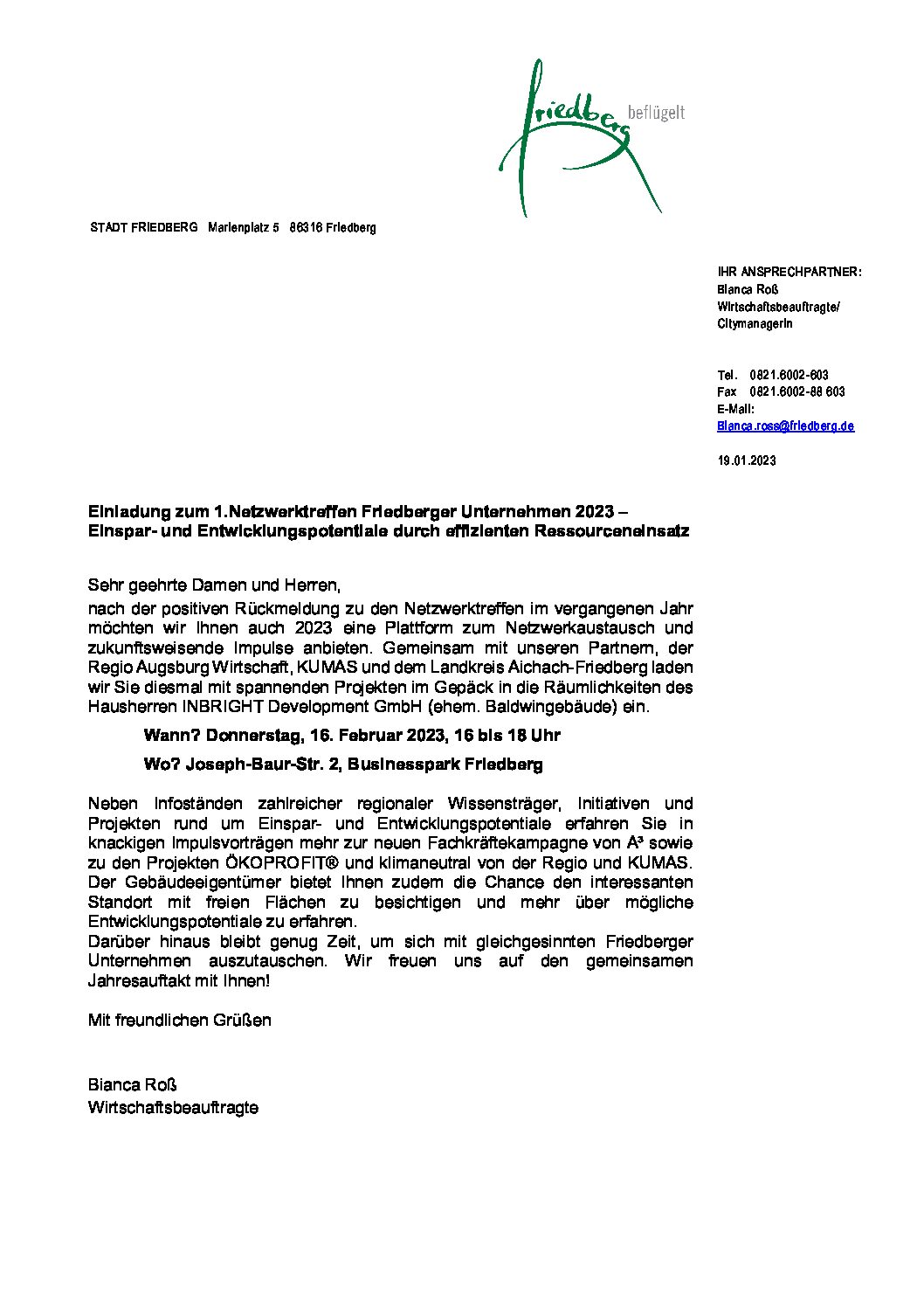 Einladung zum 1.Netzwerktreffen Unternehmen 2023_Wifö Stadt Friedberg